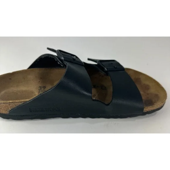Birkenstock Arizona Slide Sandals 2 Strap Buckle Men's 6 Women's 8 Black Leather - Picture 4 of 16